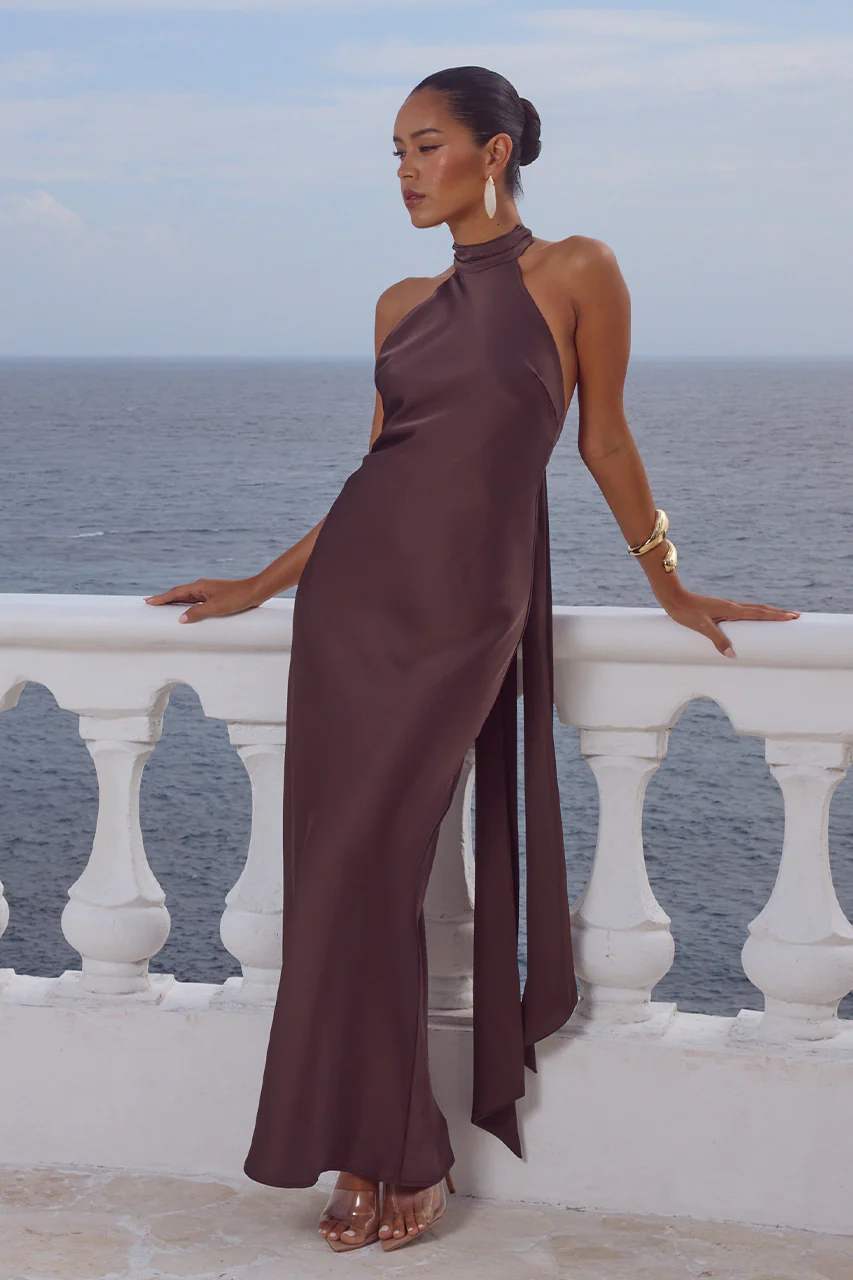 ARABELLEHIGHNECKMAXIDRESS-BITTERCHOCOLATE_4.jpg Φόρεμα Arabelle σκούρο καφέ - Image 1